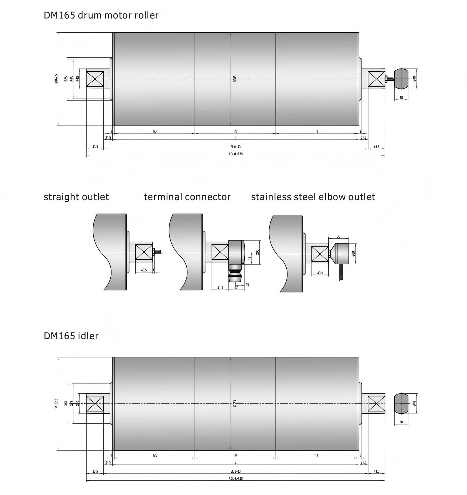 DM165 drum motor & idler dimensions DM165 drum motor & idler dimensions