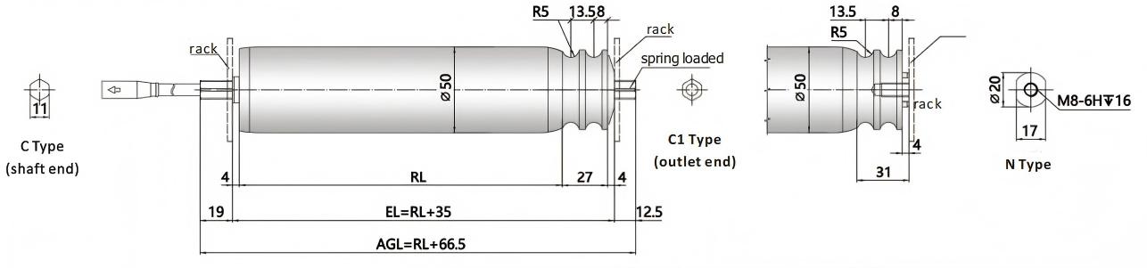 DGBL50A O-ring Belt Pulley Motor Driven Roller Dimension