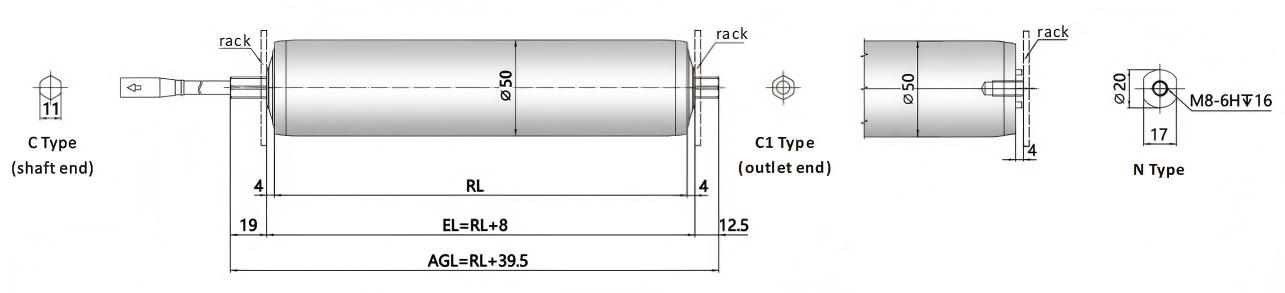 DGBL50A plain motor drive roller dimensions