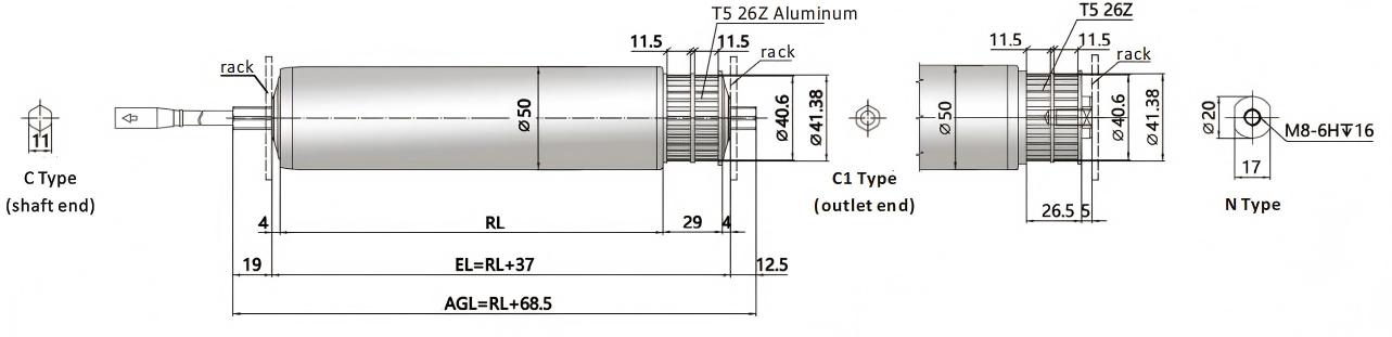 DGBL50A Toothed Belt Pulley Motor Driven Roller Dimensions