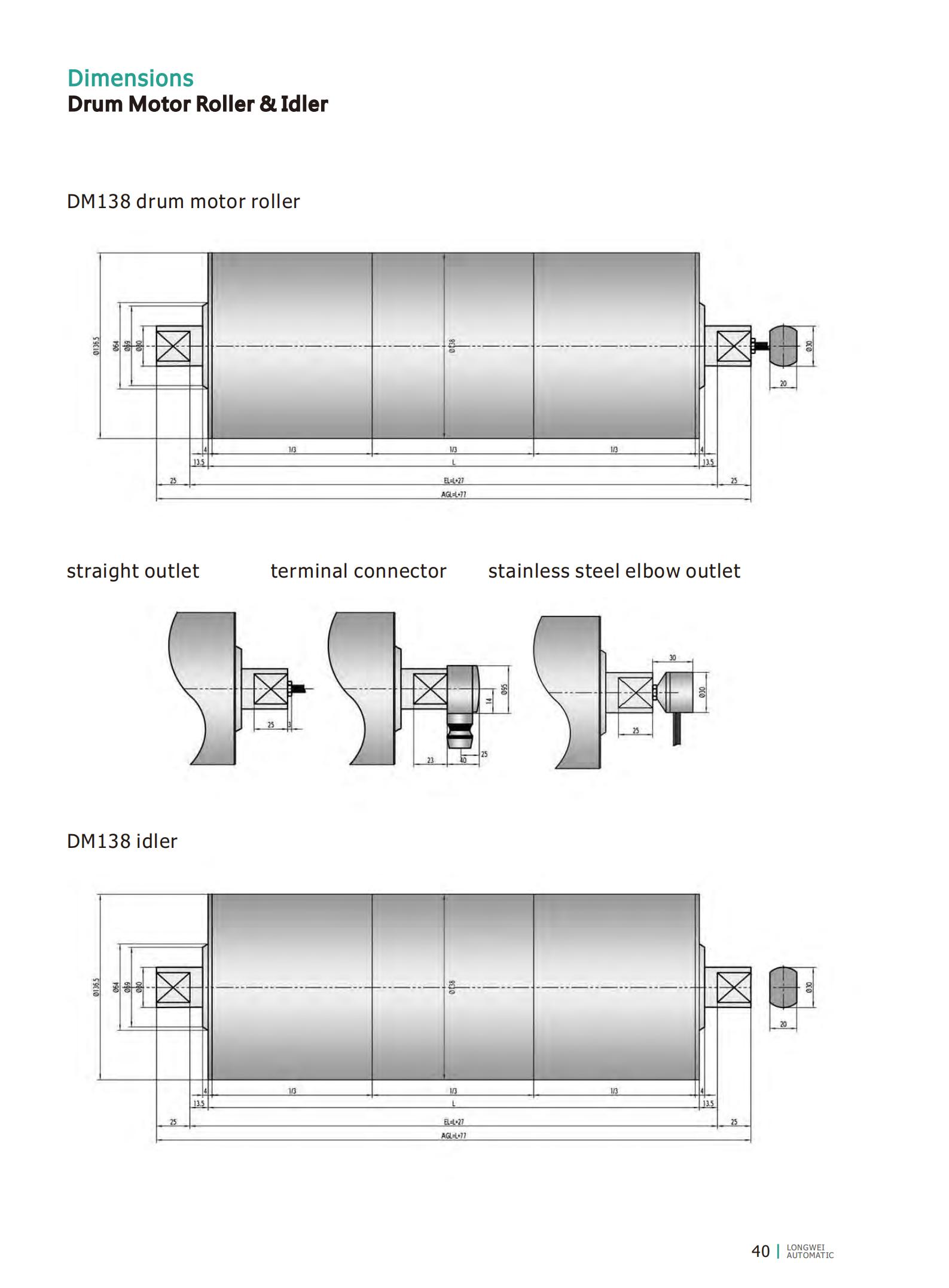 DM138 drum motor roller dimensions