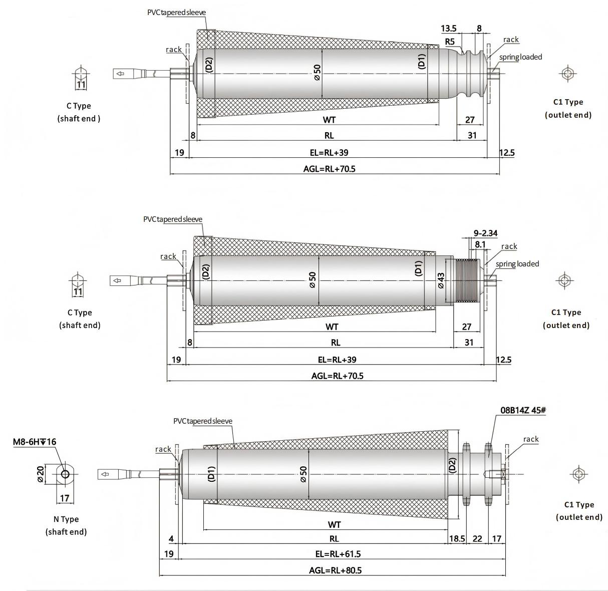 DGBL50A tapered sleeve motor driven roller dimensions