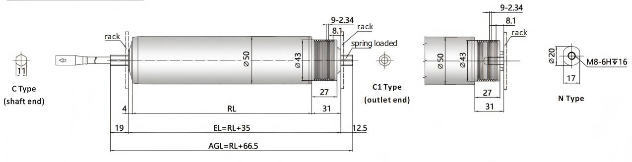 DGBL50A Poly-v Belt Pulley Motor Drive Roller Dimensions